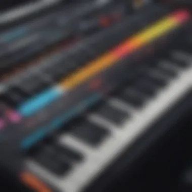 Vibrant Electronic Keyboard An electronic keyboard with colorful keys, showcasing a vibrant display of techno music creation.