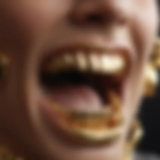 A close-up view of intricately designed gold grillz showcasing artistic craftsmanship.