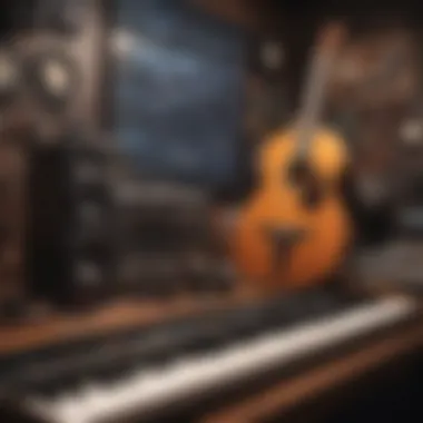Instruments of Lofi Artistry An artist's workspace filled with instruments and tools used in lofi music production.
