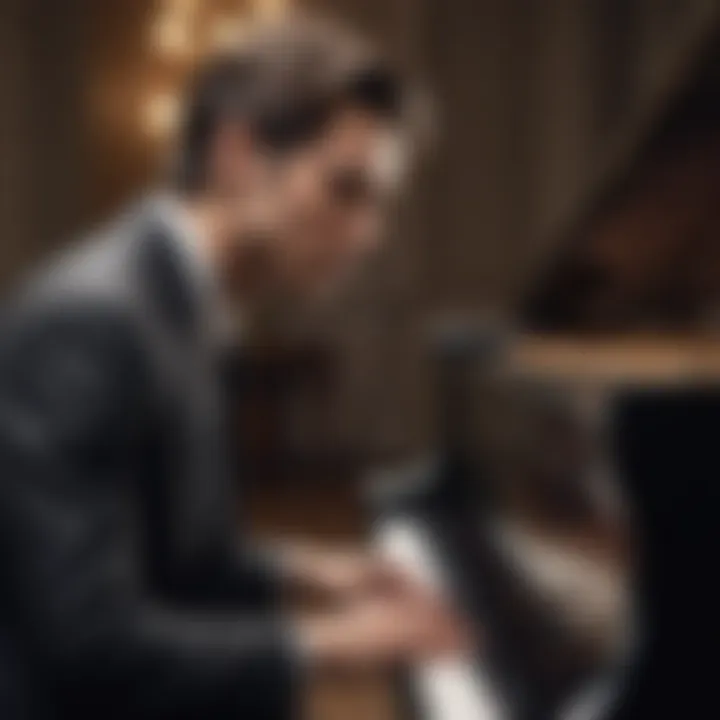 A musician lost in thought, gazing at a grand piano