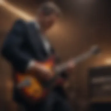 Immersive Jazz Performance with Electric Guitar A jazz guitarist playing in a dimly lit setting, immersed in music