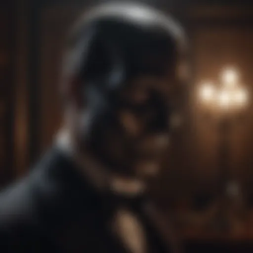 A haunting portrayal of the Phantom in shadowy light