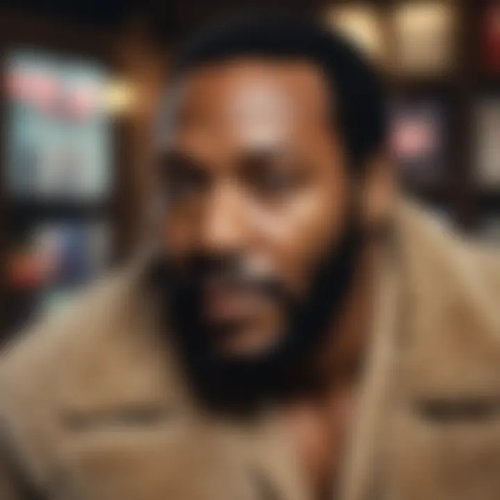Marvin Gaye with a backdrop of his iconic albums and accolades.