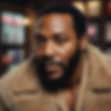 Legacy of an Icon Marvin Gaye with a backdrop of his iconic albums and accolades.