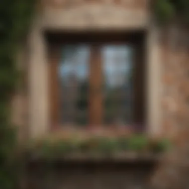 A rustic village window framed by vibrant flowers