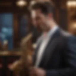 An elegant saxophonist performing in a dimly lit jazz club