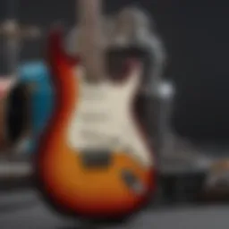 An electric guitar with vibrant colors and a snare drum in the background, symbolizing their collaboration in modern music.