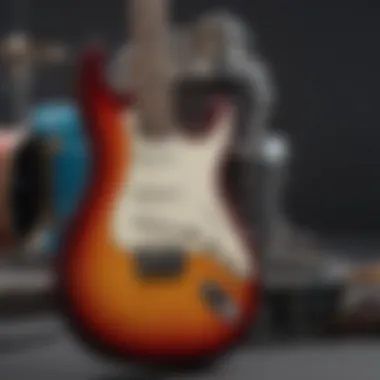 The Harmony of Guitar and Snare An electric guitar with vibrant colors and a snare drum in the background, symbolizing their collaboration in modern music.