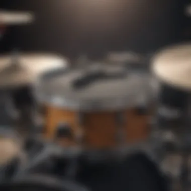 A close-up of a drum kit with headphones and a click track device