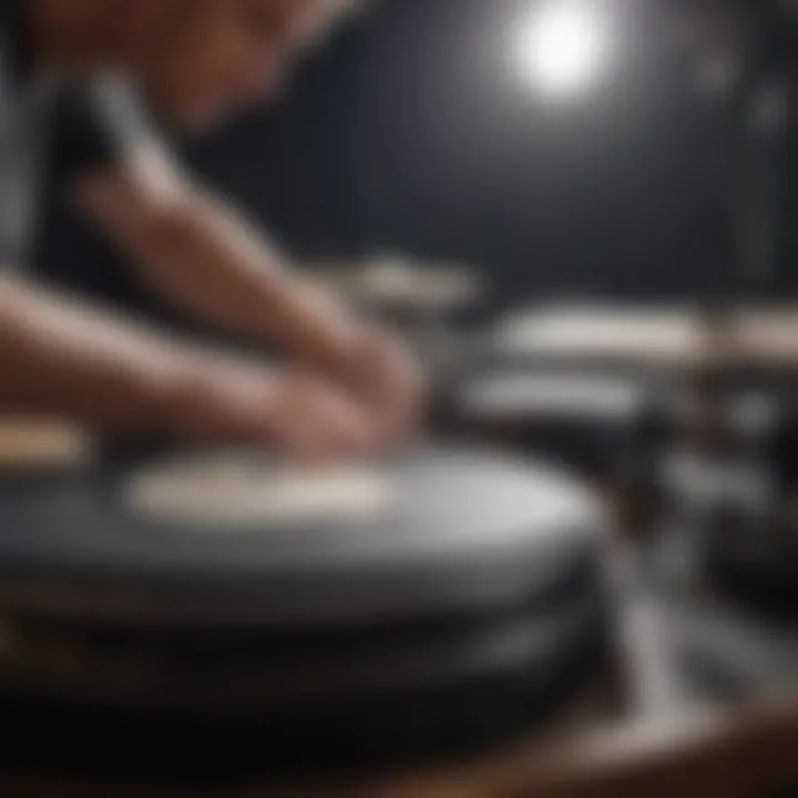 A drummer focused on their metronome during practice