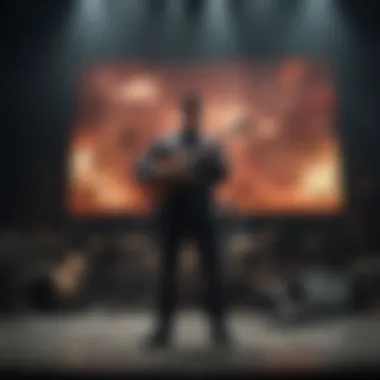 Live Music and War Narratives A musician performing on stage with a backdrop of war-related imagery