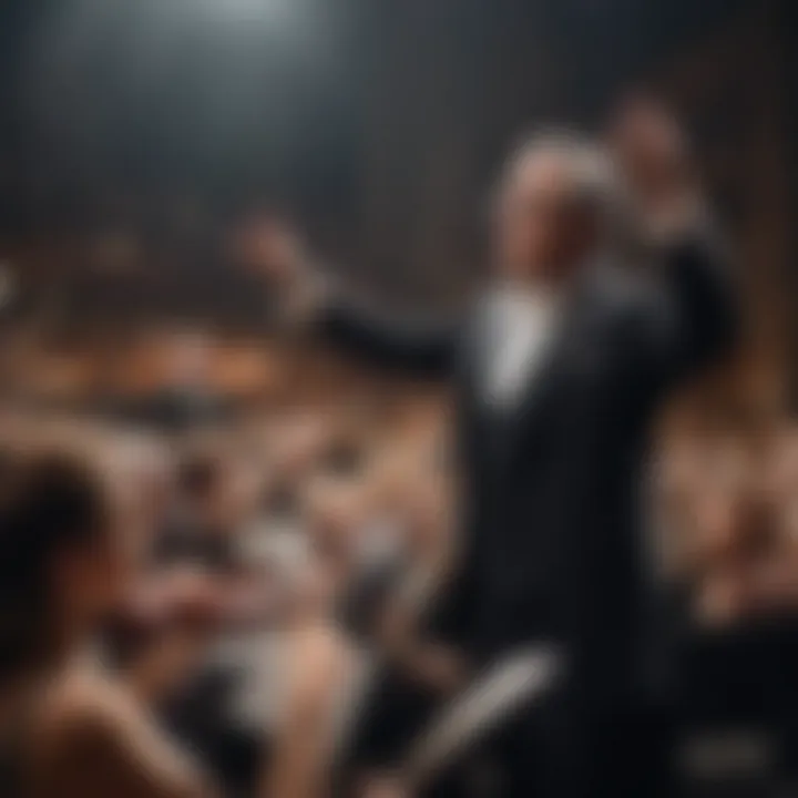 A conductor leading an orchestra in a vibrant performance.