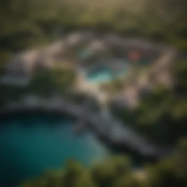 Breathtaking Aerial View of Xcaret Aerial view of Xcaret park showcasing lush landscapes and vibrant attractions